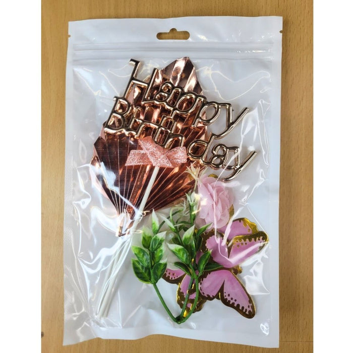 Wonderland Rose Gold "Happy Birthday" Butterfly & Floral Cake Topper Set
