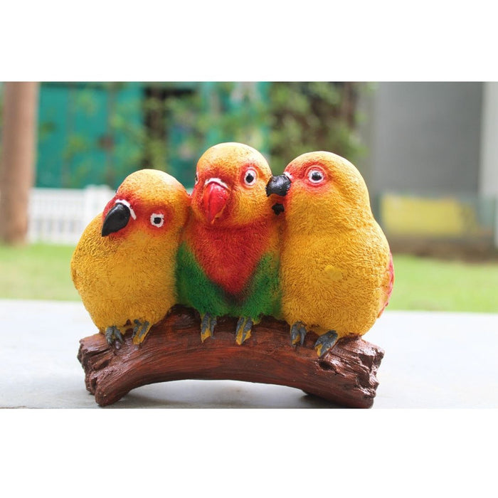 Yellow lovebirds trio figurine, Baby parrot showpiece on branch, Vibrant bird home garden decor ,Resin parrot sculpture for table, Cute three birds gift item