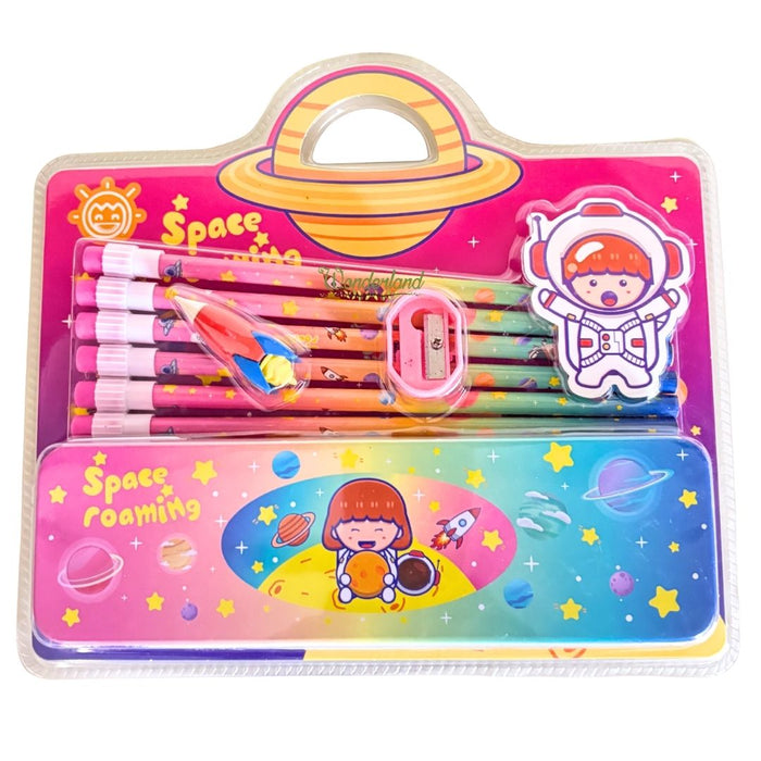 Kids "Space Roaming" StationerySet – Astronaut Pencil Case with  Pencils, Rocket Eraser, and Sharpener- Pink colour