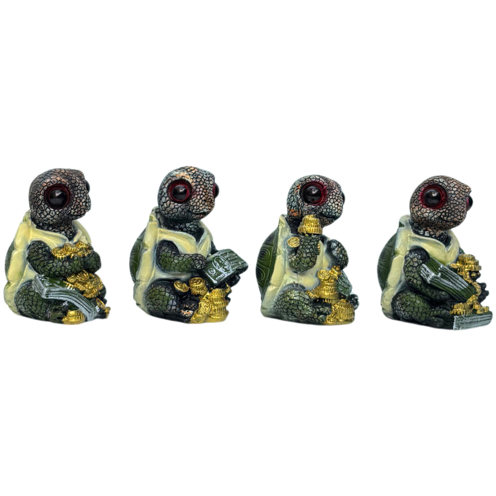 Wonderland Set of 4 Quirky "Wealth & Prosperity" Turtle Figurines – Detailed Lucky Money Tortoise Statues for Desk, Office, and Home Décor