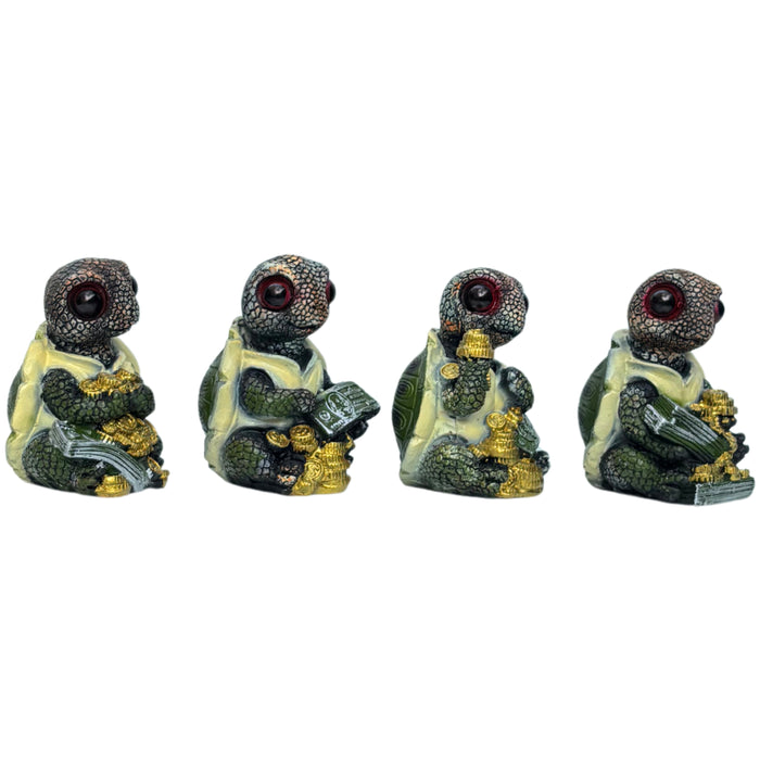 Wonderland Set of 4 Quirky "Wealth & Prosperity" Turtle Figurines – Detailed Lucky Money Tortoise Statues for Desk, Office, and Home Décor