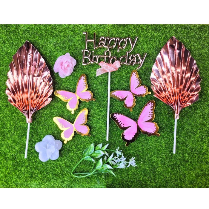 Wonderland Rose Gold "Happy Birthday" Butterfly & Floral Cake Topper Set