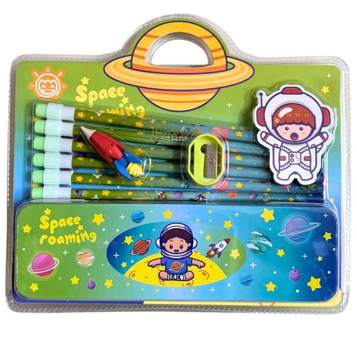Kids' 8-Piece "Space Roaming" Stationery  Set – Astronaut Metal Pencil Case with  Pencils, Rocket Eraser, and Sharpener- green colour