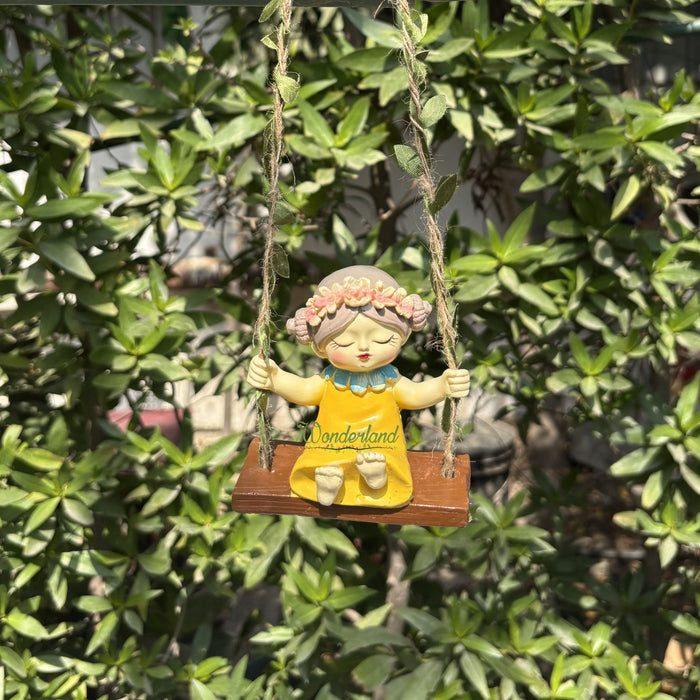 Whimsical Garden Fairy Girl on Swing – Hand-Painted Resin Hanging Decor with Leaf Vine Rope for Indoor/Outdoor Wall and Tree Ornament (yellow)