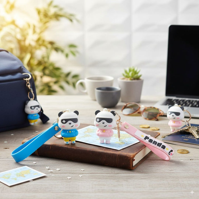 Wonderland Kawaii style ( set of 2) Cool Panda Couple Keychain with Sunglasses – Cute Cartoon Keyring with Wrist Strap