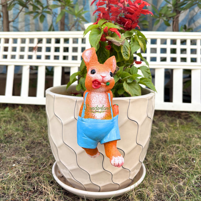 Wonderland Whimsical Climbing Bunny Garden Pot Hangers - Set of 2 Hand-Painted Resin Rabbit Ornaments for Planters and Flower Pots