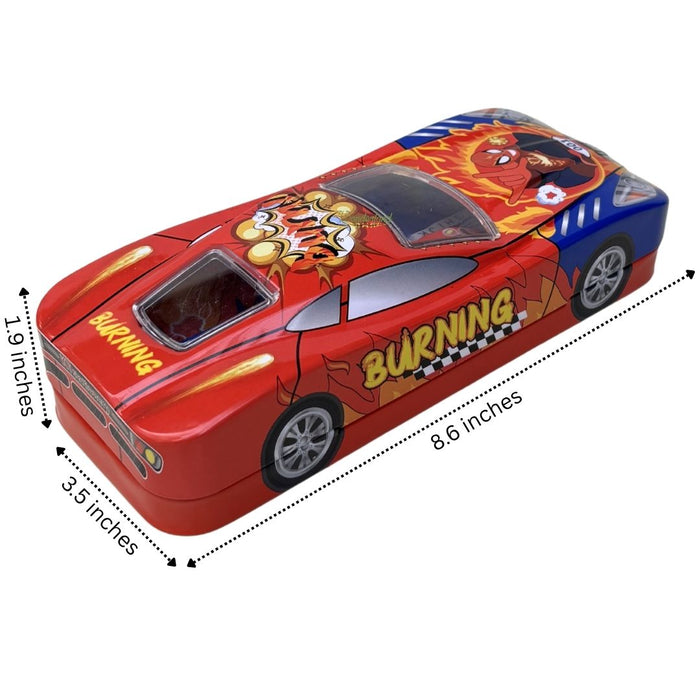 Wonderland Premium Car-Shaped Metal Pencil Box for Kids – Multi-Layer Stationery Organizer with Moving Wheels Orange Colour- 8x3.3x2inch