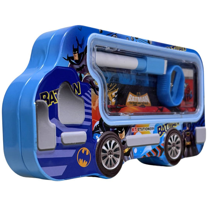 Kids’ Bus-Shaped Metal Pencil Box Stationery Set – Includes Pencil, Sharpener, Eraser, Ruler and 1 sketchpen 8x4x1.5inch