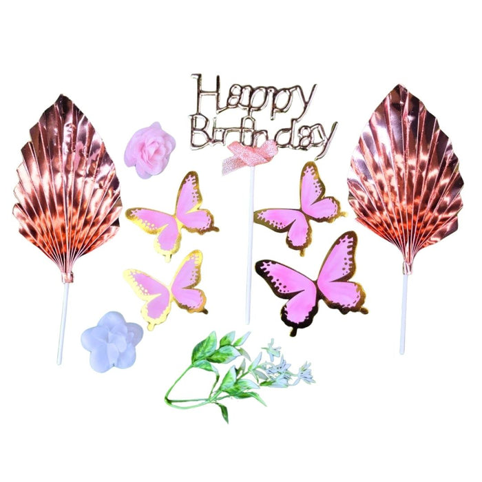 Wonderland Rose Gold "Happy Birthday" Butterfly & Floral Cake Topper Set