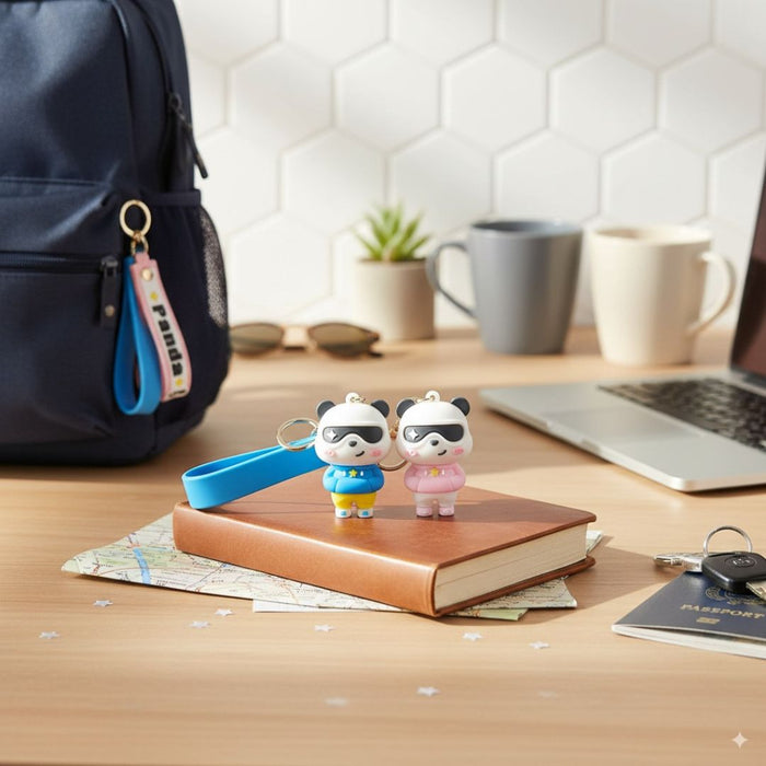 Wonderland Kawaii style ( set of 2) Cool Panda Couple Keychain with Sunglasses – Cute Cartoon Keyring with Wrist Strap