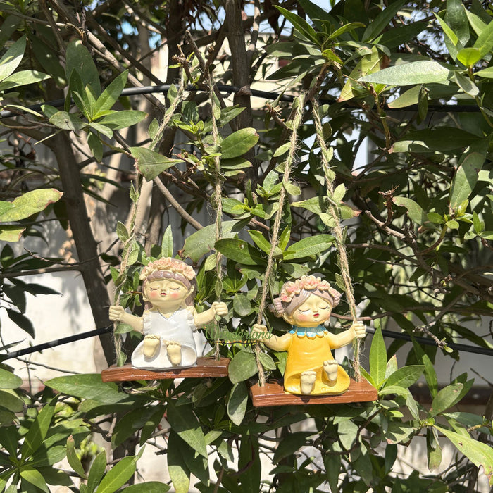 Whimsical Hanging Fairy Girl Garden Statues – Set of 2 Hand-Painted Resin Figurines on Leafy Swings for Indoor/Outdoor Home Decor and Patio Accents (white & yellow)