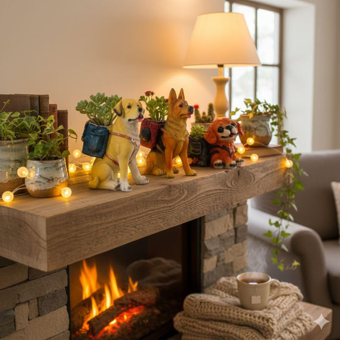 Wonderland set of 3 Dog Planter / Desk Organizer with Backpack - Cute Resin Puppy Decor