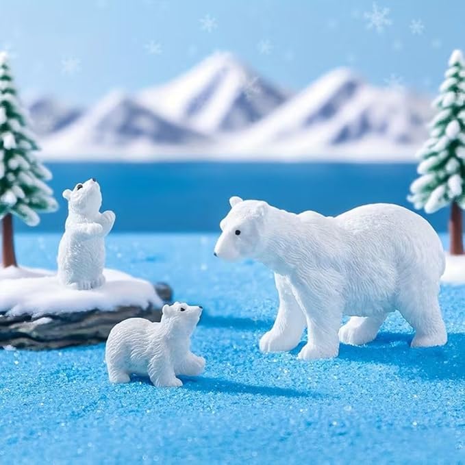 Wonderland Miniature Arctic Bear Figurine Set – 3 Piece Small White Bear Resin Sculptures for Crafts, Desk Decor, and Miniature Displays| Fairy Garden Accessory | Doll House