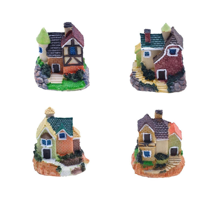 Set of 4 miniature fairy garden houses made of resin, featuring detailed architecture with colorful roofs, steps, and greenery.
