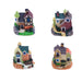 Set of 4 miniature fairy garden houses made of resin, featuring detailed architecture with colorful roofs, steps, and greenery.