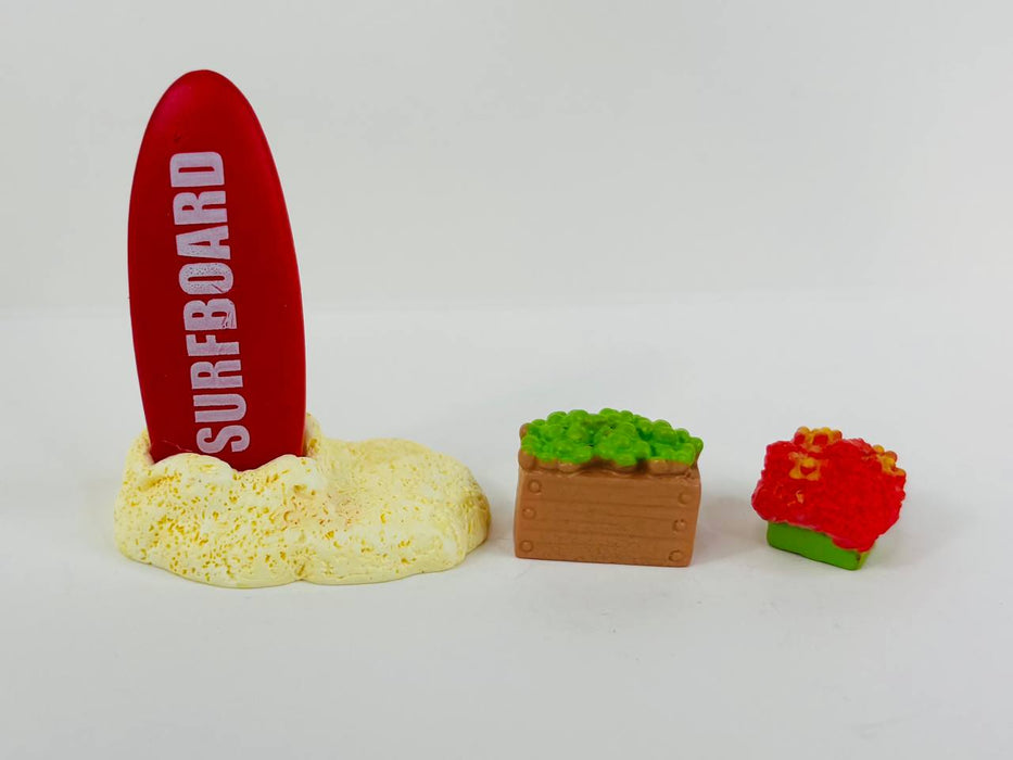 Wonderland set of 3- Miniature Beach Vacation Set - Surfboard, Planter Box, and Coral/Plant Accessory for Dollhouse, Terrarium, or Crafting
