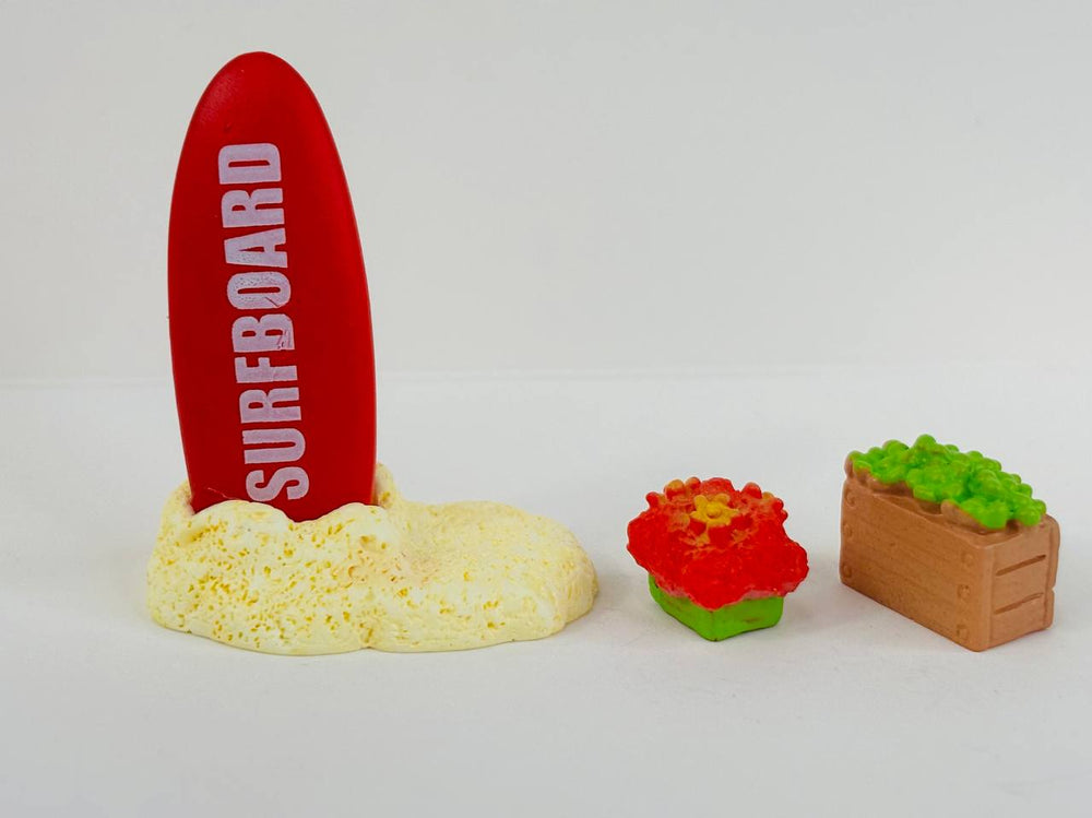 Wonderland set of 3- Miniature Beach Vacation Set - Surfboard, Planter Box, and Coral/Plant Accessory for Dollhouse, Terrarium, or Crafting