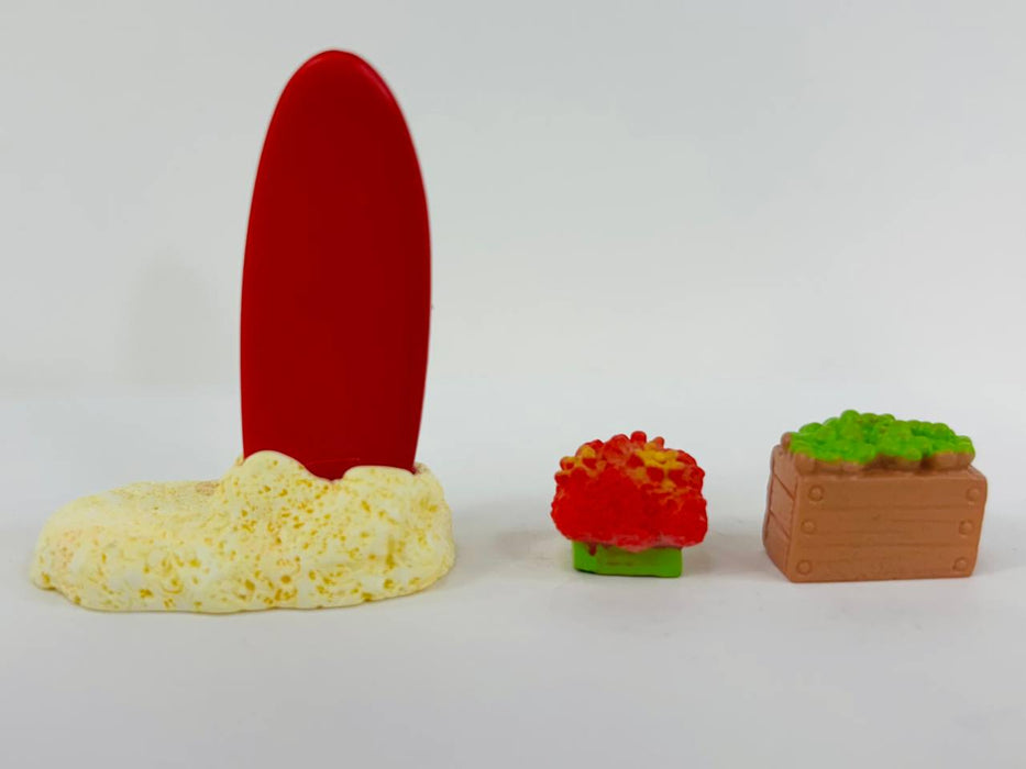 Wonderland set of 3- Miniature Beach Vacation Set - Surfboard, Planter Box, and Coral/Plant Accessory for Dollhouse, Terrarium, or Crafting