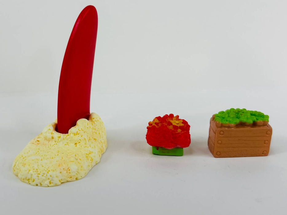 Wonderland set of 3- Miniature Beach Vacation Set - Surfboard, Planter Box, and Coral/Plant Accessory for Dollhouse, Terrarium, or Crafting