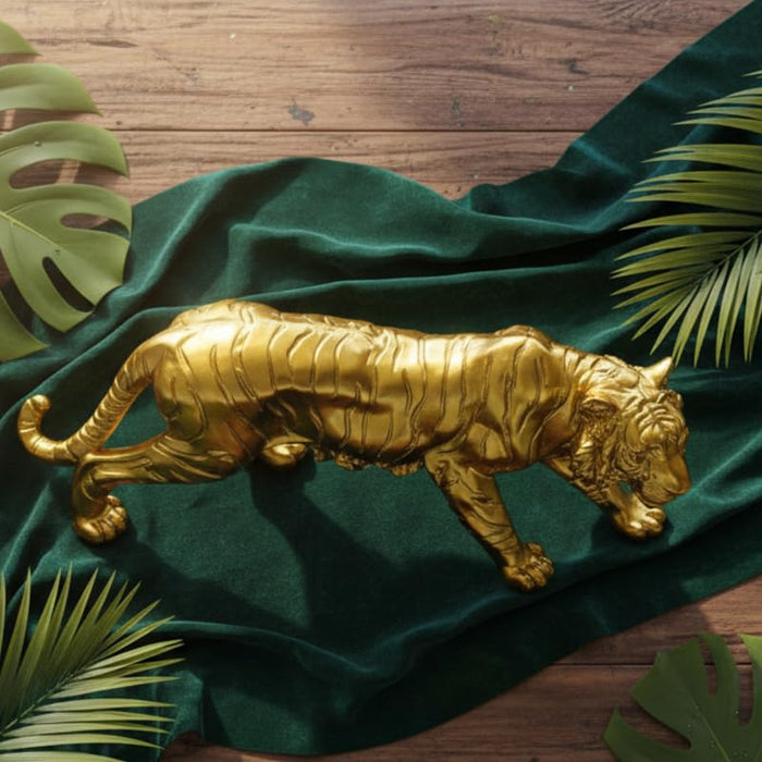 Golden 7 inch Tiger Statue - Premium Decorative Animal Figurine for Home Décor, Office Desk, and Gifting- 16X5X7 inch
