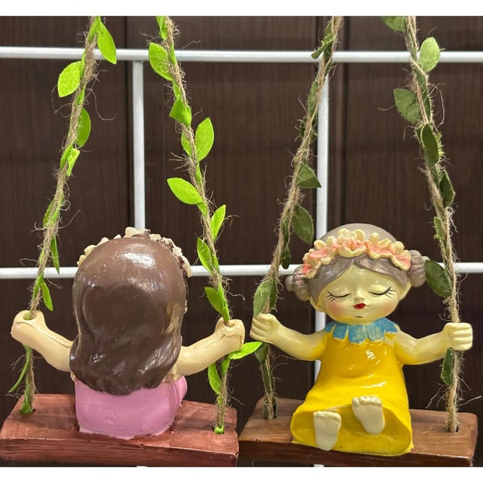 Wonderland Hand-Painted Garden Fairies on Hanging Swings – Set of 2 Whimsical Outdoor/Indoor Decorative Figurines with Faux Vine Ropes- Pink & Yellow- 3.5x2.1x3.6inch