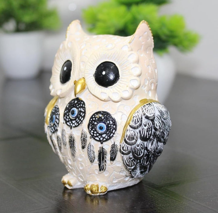 Decorative Owl Figurine with Evil Eye Dreamcatcher Accents