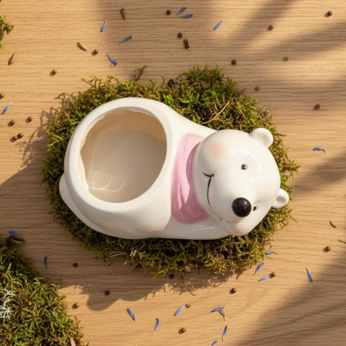 Wonderland 3 inch Hand-Painted Ceramic Polar Bear Succulent Planter – Cute Animal Mini Flower Pot with Pink Scarf Accent for Indoor Décor-6x3x3 inch(Plant Not Included)