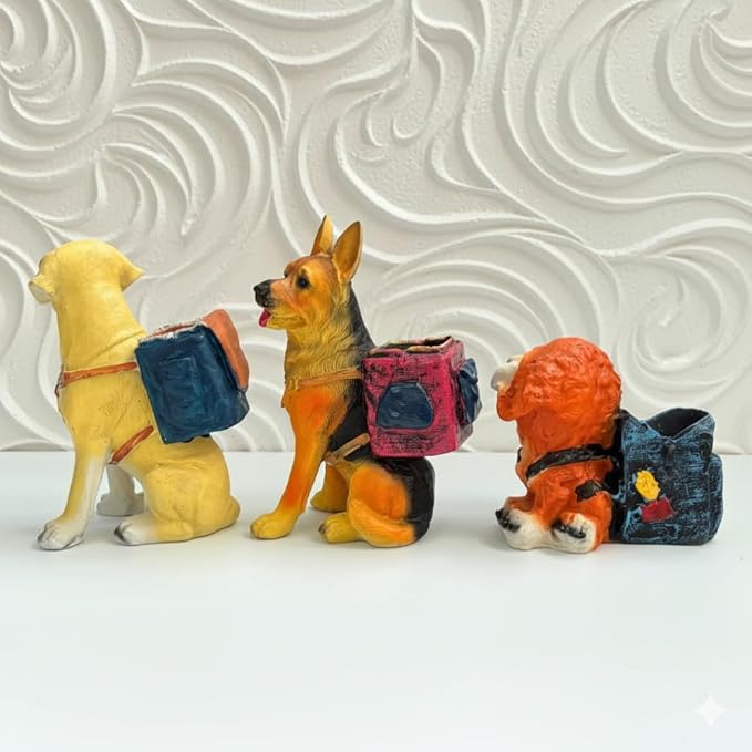 Wonderland set of 3 Dog Planter / Desk Organizer with Backpack - Cute Resin Puppy Decor