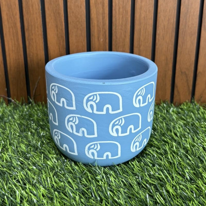 Terracotta Pot - Elephant Print - Cute Plant Pot - For Indoor/Outdoor Decor, For Plants, Flowers, And Herbs (Blue)