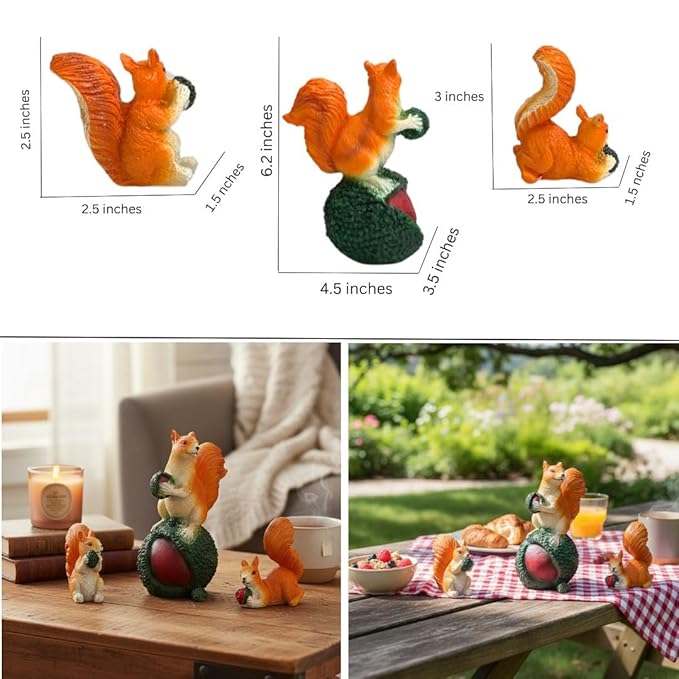Wonderland Adorable Set of 3 Resin Squirrel Figures Holding Acorns - Garden & Home Decor