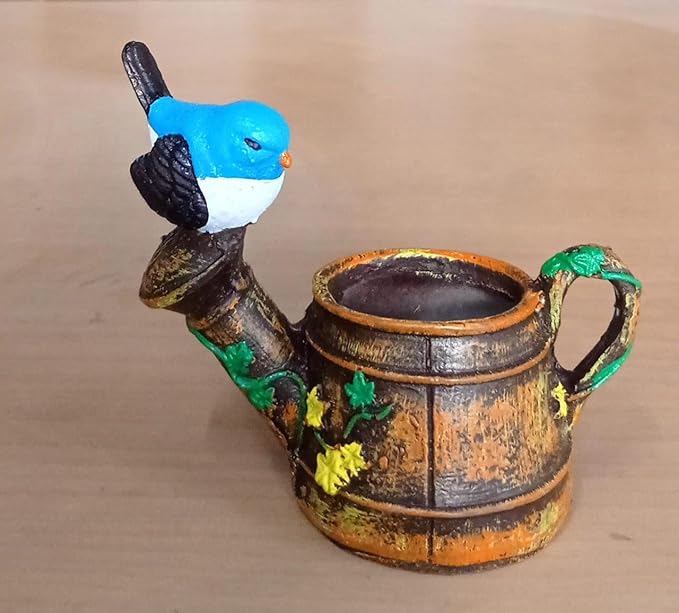 Wonderland Rustic Watering Can Miniature Planter with Blue Bird Figurine | Vintage Style Decor