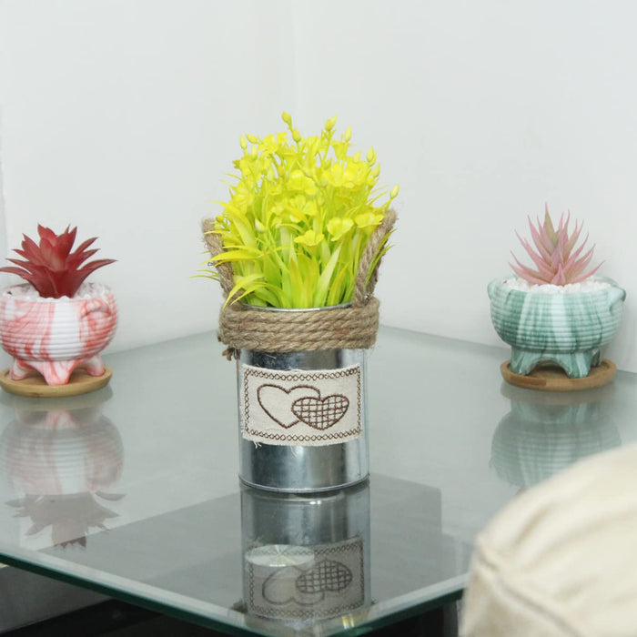 Metal Pot-Yellow-with Artificial Plant Attached for Home Decor