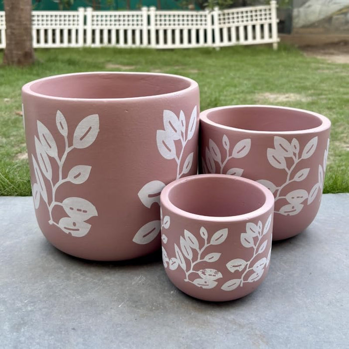Set of 3 Dusty Rose Terracotta Planters with White Botanical Leaf Motif