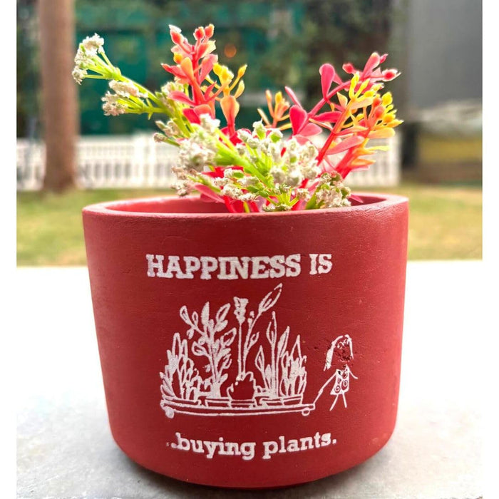 Wonderland Brown Terracotta Planter with Saucer - "Happiness is Buying Plants" Quote (4-inch) | Rustic Earthenware Indoor/Outdoor Pot for Succulents & Herbs