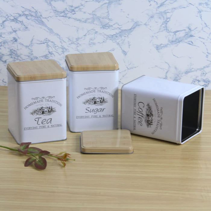 Vintage Style Kitchen Canister Set (Sugar, Tea, Coffee) with Wooden Lids