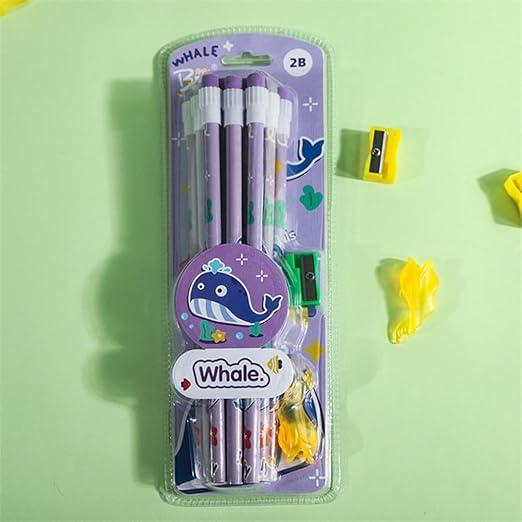 Wonderland 2B Pencil set -Pack of 12  with top erasers , 1 grip and 1 sharpner | Writing pencils for school and return gifts|Whale Design