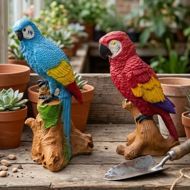 Resin Parrot Duo on Tree Stumps – Colorful Macaw Garden Ornaments (Set of 2)