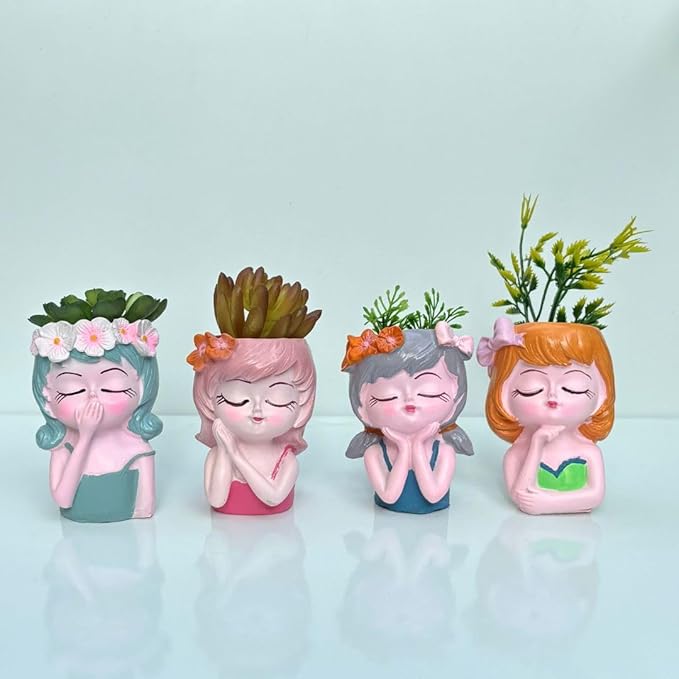 Set of 4 Adorable Resin Mini Succulent Planters - Cute Sleeping Girl Flower Pots