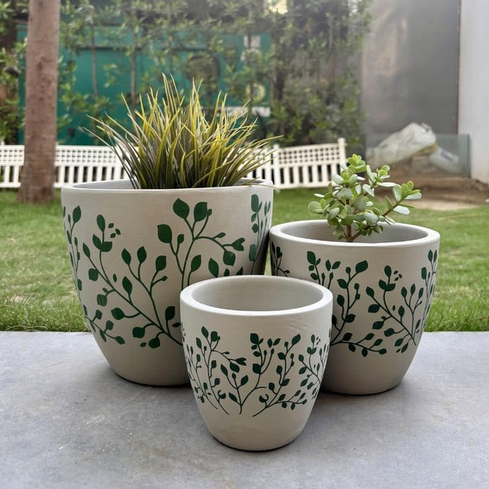 Hand-Painted Botanical Terracotta Planter Set – Set of 3 Cream & Green Leaf Pattern Decorative Pots for Indoor & Outdoor Plants