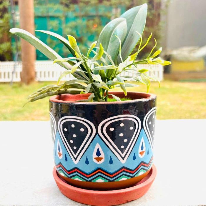 Wonderland Hand-Painted Terracotta Planter -Warli Art Design in Black & Blue (4-inch)| Pots for Indoor & Outdoor Décor