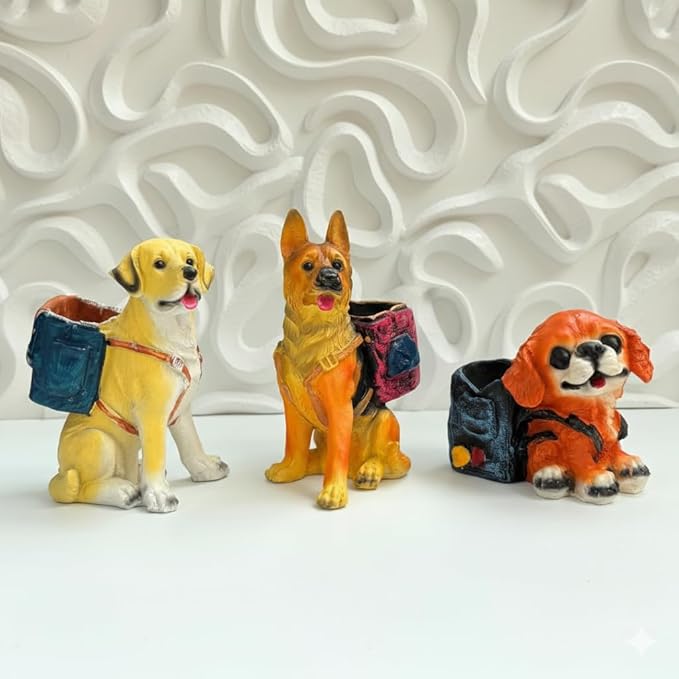 Wonderland set of 3 Dog Planter / Desk Organizer with Backpack - Cute Resin Puppy Decor