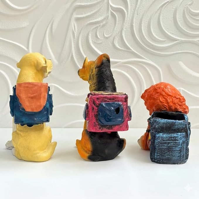 Wonderland set of 3 Dog Planter / Desk Organizer with Backpack - Cute Resin Puppy Decor