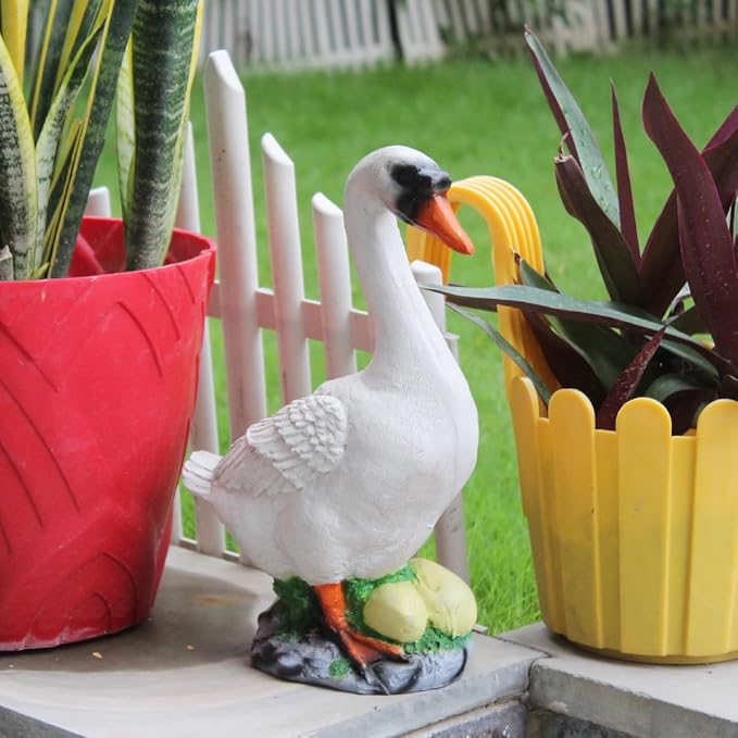 Wonderland Duck With Eggs Statue| Material Resin| Height 10 Inches | For Garden & Home Decor, Balcony Decoration, Kids Room, Gifting, White
