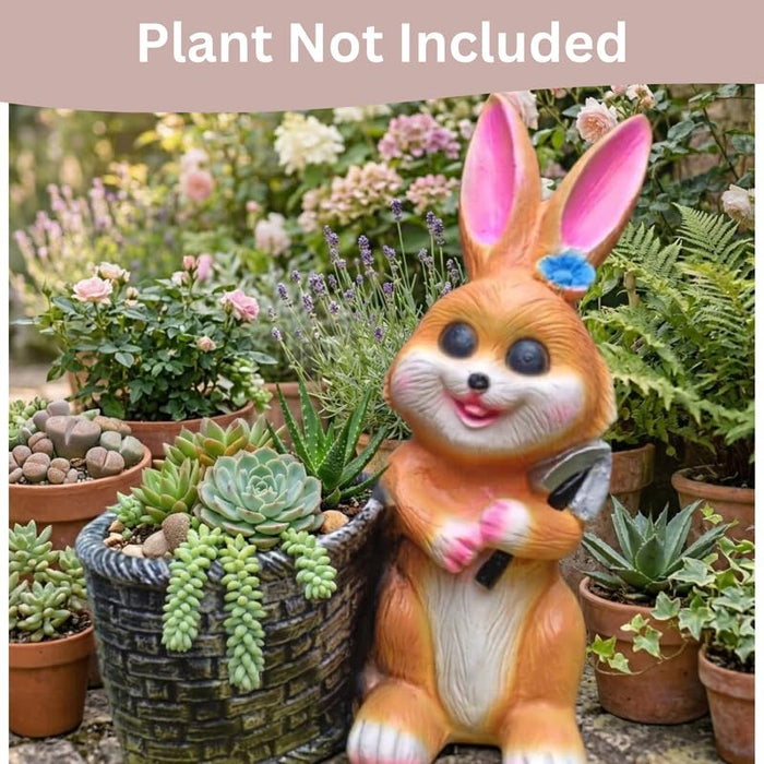 Wonderland 11 inch Whimsical Bunny Rabbit Garden Statue Planter – Weather-Resistant Resin Outdoor Figurine with Woven Basket and Spade  for Flower, Fairy Garden- 7.2x4x11inch (Plant Not Included)