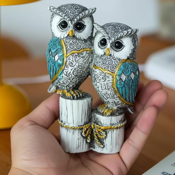Handcrafted Dual Owl Figurine on Rustic Perch – Intricate Teal and Silver Decorative Bird Statue for Home, Office, and Bookshelf Décor 4.3x2.16x6.29 inch