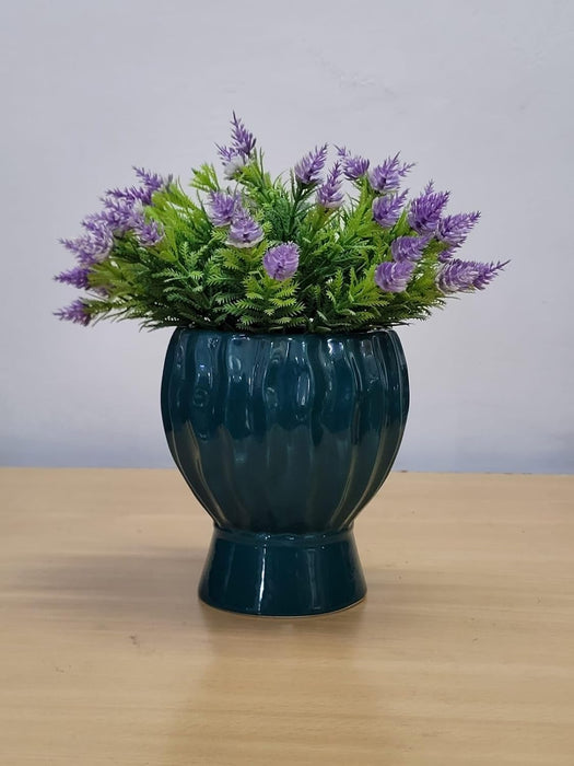 Teal Ceramic Planter Pot with Ribbed Design for Indoor Home Decor