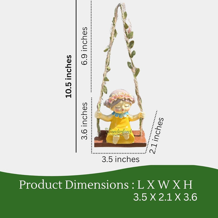 Whimsical Garden Fairy Girl on Swing – Hand-Painted Resin Hanging Decor with Leaf Vine Rope for Indoor/Outdoor Wall and Tree Ornament (yellow)