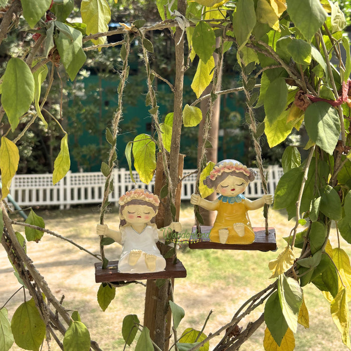 Whimsical Hanging Fairy Girl Garden Statues – Set of 2 Hand-Painted Resin Figurines on Leafy Swings for Indoor/Outdoor Home Decor and Patio Accents (white & yellow)