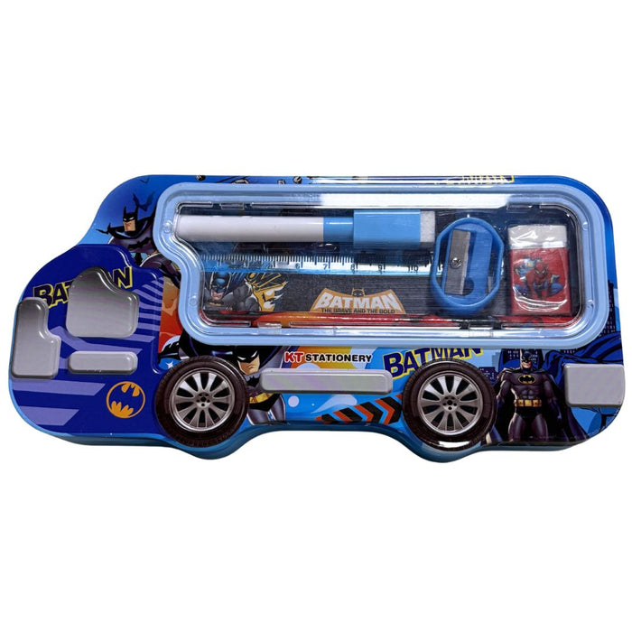 Kids’ Bus-Shaped Metal Pencil Box Stationery Set – Includes Pencil, Sharpener, Eraser, Ruler and 1 sketchpen 8x4x1.5inch