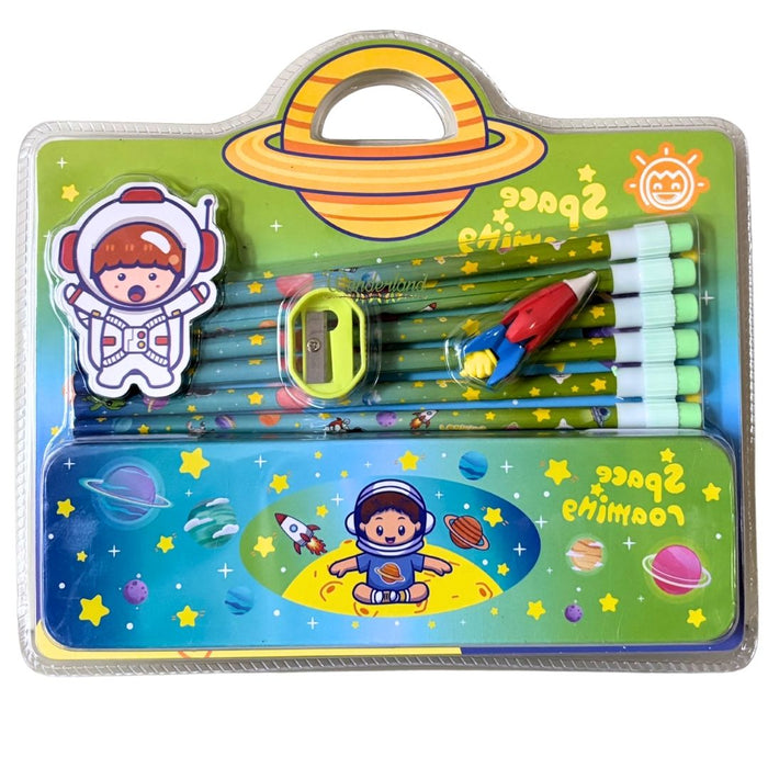 Kids' 8-Piece "Space Roaming" Stationery  Set – Astronaut Metal Pencil Case with  Pencils, Rocket Eraser, and Sharpener- green colour